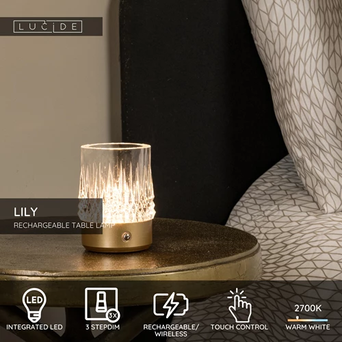 Lucide LILY - Rechargeable Table lamp - Battery pack - Ø 8 cm- LED 3 StepDim - 1x3W 2700K/3000K - Matt Gold / Brass - Set of 3 - USP